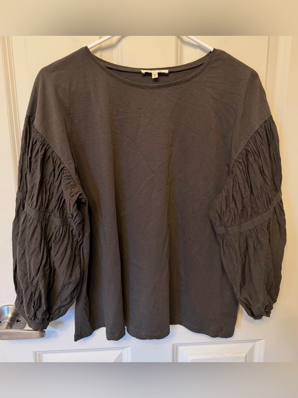 Madewell Cotton Rusched Puff Sleeve Top in Brown/Green, Size M